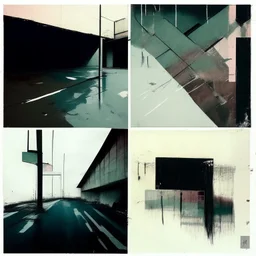 Minimal contemporary abstract oil paintings of a dirty desolate 1960s carpark with road markings and concrete fragments. style of Justin Mortimer and Francis Bacon.