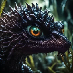 ferrofluid monster mixed between a cat and a velociraptor::5, sinister, in the jungle, tentacles, alien eyes, detailed iridescent, metallic, translucent, dramatic lighting, hyper futuristic, digital art, shot with Sony Alpha a9 Il and Sony FE 200-600mm f/5.6-6.3 G OSS lens, natural light, hyper realistic photograph, ultra detailed -ar 3:2 -q 2 -s 750