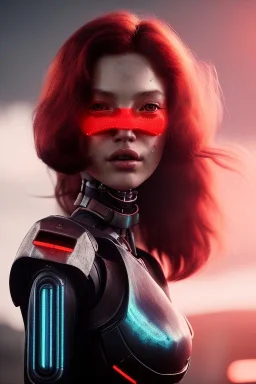 Beautiful portrait of red girl robot, post-apocalypse cybernetic in a cyberpunk city, sci-fi fantasy style, 8k,dark