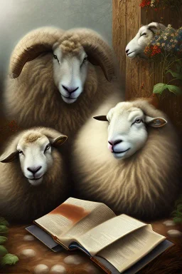 one black sheep reads a book on other site white sheep herd sleep