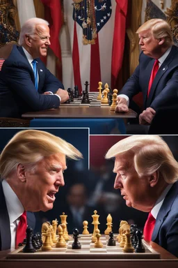 A hyper-realistic photo, Joe Biden and Trump in a game of chess,Trump smiling ,Biden angry, 64K, hyperrealistic, vivid colors, (glow effects:1.2) , 4K ultra detail, , real photo