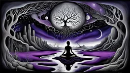 painted inner world with neurodivergens mind and soul, floating weid sharpen things over cracked weird landscape . an alone woman of black shilutte sitting in big fade neuoron web. deep dark colors, dark purple, gray, with silver and black. in background big dark abyss, surreal vibe, Whimsical strange style of Chagall, of LORI EARLEY and of Anton Semenov. weird absurd beauty nightmare, black shadows, in background cyber neuronic network, surreal vibe,