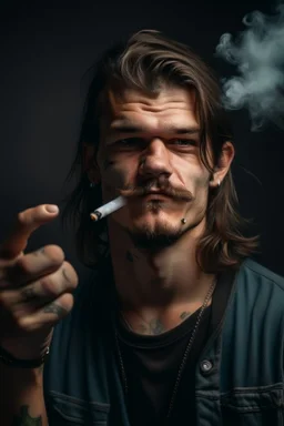 tough looking guy with a mullet smoking a cigarette and pointing his hand at the camera like a gun