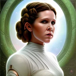 round framed complete and ultra detailed head to waist portrait of young carrie fisher as Princess Leia with detailed hairstyle by Mandy Jurgens and mucha and Richard Schmid and chuck close and chie yoshii, extraordinary and detailed ceremony dress of star wars,