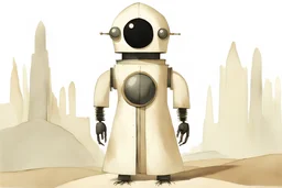 robot, white metal, dome-shaped head, low-placed round black robot eyes, short wide stature, wearing an old brown robe, jon klassen and willem maris painting