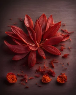 dried red saffron for food, a spice derived from the flower of Crocus sativus. Photography. Realistic photo. HD. Glowing. 3d style