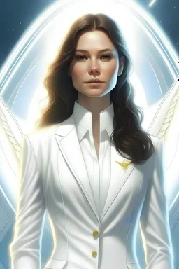 Elisa Pascalis, très belle jeune femme, archange galactique, commandant en chef flotte de vaisseaux blanc très lumineux. Archange en combinaison blanche très lumineuse, très féminine, divine