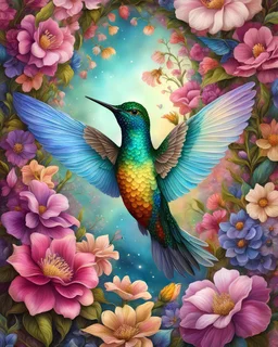 Full body cute floral hummingbird in spring flowers in the style of Josephine Wall, dark pink and beige, colorized, highres, detailed fur, realistic, vibrant, springtime, detailed eyes, professional, atmospheric lighting. High resolution, 8K,