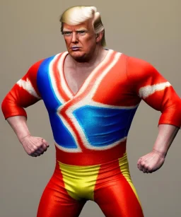 Realistic image of Donald trump wrestler, Mexican wrestling style, liner eye glow makeup face, red and blue breeches, us flag dress, suspenders, retro style, 80s, vibrant color, highly detailed, clean background, concept art, unreal engine 5, god rays, ray tracing, RTX, lumen lighting, ultra detail, volumetric lighting, 3d, finely drawn, high definition, high resolution.