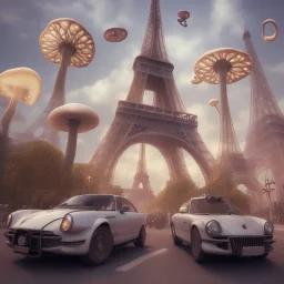 steam punk traffic jam in New york 3D blender full lenght with white eiffel tower in the background and flying mushrooms in the sky by Dali