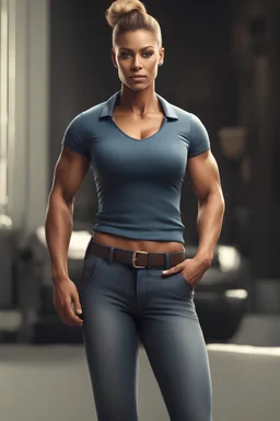 a very muscular female mother dressed polo t-shirt and blue jean pant with hair styled into a professional bun with a very masculine body structure with masculine pecs and standing with hands in pocket facing front in a photorealistic picture