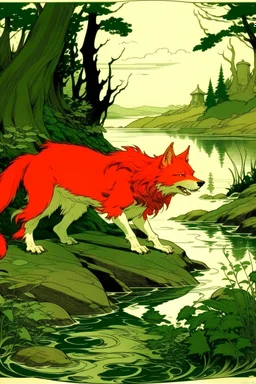 imagen del cuento de caperucita roja cuando ella se asoma al río, con el lobo acechando en las sombras