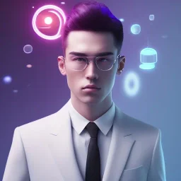 man, cute face, white highlight hair, brown eye, white, skin, purple suits, futuristic, science, purple, blue, pink background lighting, technology, profile, asian boy, square face, eyeglass