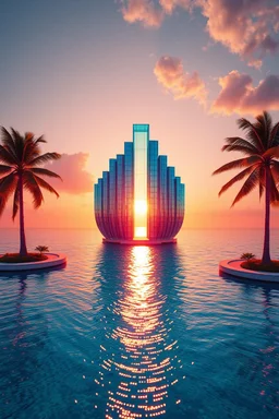 A vibrant, cinematic professional music cover art for a Luxury Tropical House album cover, award-winning music artwork, crystal-clear turquoise ocean merging into an endless horizon beneath a radiant golden sunset. Massive floating glass structures shaped like musical frequencies rise above the water, reflecting vibrant tropical colors. Exotic palm trees illuminated by soft neon cyan and coral lights sway in the warm breeze. Glowing particles drift through the air like fragments of melody, crea