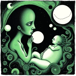 Negotiating dream frequencies culminating in a fetal absurdity, by Gabriel Pacheco, by Colin McCahon, ink illustration, Green and black color scheme, abstract surrealism, art nouveau