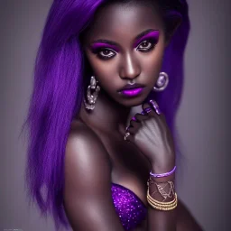 full body shot, masterpiece, best quality,dark skin, sparkling eyes, fluorescent skin,purple-dark makeup, gangsta full armed ,female , highly detailed body, sun light, 4K, RAW, high contrast, realistic details, 24mm , depth of field ,