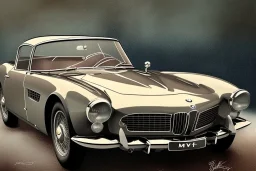 a true-to-life BMW 507, classic wheels, twin-color finishing, centered, intricate, extreme detailed, photorealism, center view, stylized random background, pivot on bmw, pen and color marker painting by cheryl kelley