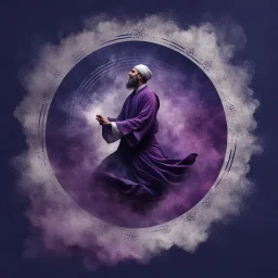 Hyper Realistic Sufi Whirling with Purple & Maroon, Islamic Sufi Rustic Grungy navy-blue Background with silver fog around at night