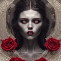 Mystery scary VAMPIRE,Ambiance dramatique, dramatic lighting, volumetric lighting, hyperrealisme, 8k, high quality, lot of details, fit within portrait , black and red roses , alan parker , anna dittman