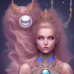 cosmic petit prince belle fine, profil de trois quart, grand front cosmique, peau bleu cristalline, yeux bleu, perle sur le front long cheveux blond et rose etoilé, cristaux sur le corps, collier de grande princesse, levres souriante, très jolie sourire