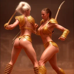 women gladiators fighting in arena, minimal attire, muscular, hard bodies, photo realistic, hyperdetailed, tan skin, full body view, mythical, intricate, elaborate, by boris vallejo, digital art, visual clarity, 8k --v 4