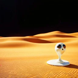 Dark, creepy, 3d, surreal objects in a bright environment, desert, noon light, melting cream, Yves Tanguy style