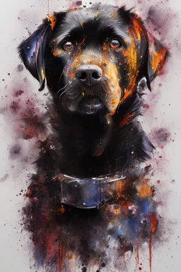 A portrait of black Labrador by Willem Haenraets, watercolor, wet on wet and splattering techniques, centered, perfect composition, abstraction, surrealism