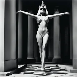 [colourful high res photo by Helmut Newton] the incarnation of the deity of justice in flesh is blind, and her scale is upside down [deicide/god by Mil Mascaras' acid trip] she has no eyes but she cries, standing bare feet