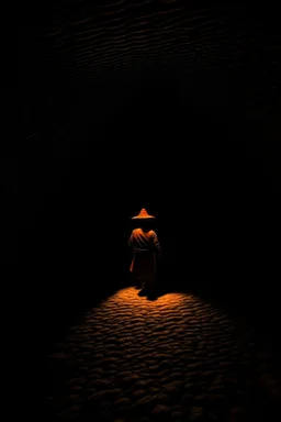 character in semi-darkness, on the scree cone of an underground room dimly lit by daylight coming from a well located forty meters above.