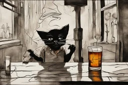 macskássy izolda, childrens book illustration, a frightened looking black and white cat with a cigarette in his mouth, a glass of whiskey in his hand, looking just at us in a smoky pub van eyck, painted on rough canvas with exaggerated lines, sharp brushstrokes, dripping, plastic paint watercolor and ink, oil on canvas S<AI jean baptiste monge