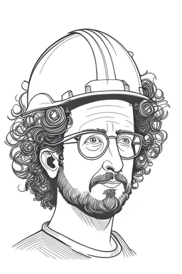 Please generate a simple line drawing of an engineer's head with crazy hair and hat