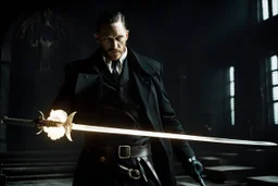 Still frame of Tom Hardy as Father Alexander Anderson from the live action "Hellsing" movie based on the anime of the same name. He is throwing glowing swords.