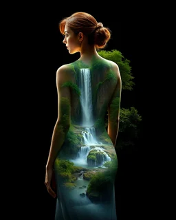 Digital art | Woman with a landscape painted on her back | Deep black background | Full-body portrait, graceful pose | Ethereal, glowing lighting | cascading waterfall; lush greenery; dreamlike harmon