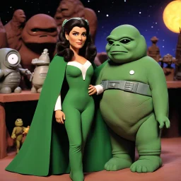 [1960’s stop-motion animation style in the cantina] a 70s advertisement video TV featuring youthful Marina Sirtis as Deanna Troy in a different tones of green velvet suit with a short cape, she is hugging Princess Leia in her iconic Jabba's two pieces swimsuit; as a claymation character toy from a claymation horror movie in burning rainbow land, from hell, creepy Videos, strange creatures everywhere , as old advertisement shot on video VHS