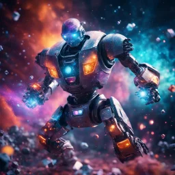 space robot fight covered with glowing crystals, nebula particles in air, in space, galaxy in background, bright colors, glowing sparkle particles, dark tone, sharp focus, high contrast, 8k, incredible depth, depth of field, dramatic lighting, beautifully intricate details, clean environment, epic dynamic scene