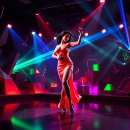 A breathtaking 3D animation of a passionate woman dancing a hot, energetic salsa. Her movements are fluid, expressive, and perfectly synchronized. Surrounding her is a futuristic, evolving stage filled with animating abstract 3D geometric structures that constantly morph, shift, and pulse to the rhythm. Dynamic, vibrant neon lights, colorful volumetric laser beams, and dramatic strobes sweep across the dark environment, casting beautiful shadows. Cinematic camera movement with smooth tracking sh