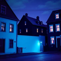 Fotografia di strada assurda e falsa a Magog blu weirdcore dai colori vivaci. Notte. Non luogo falso, inusuale. Max Ernst. Le case sono false e dipinte di nero chiaro con cose stilizzate e dettagli. Ci sono finestrelle false quadrate, che danno un senso distopico e molto surreale, disposte in modo casuale. L'atmosfera generale sembra noiosa e onirica, con un contrasto tra elementi reali ed elementi dipinti falsi, René Magritte
