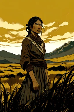 Illustration of a young woman standing in the grassland in the style of Bernie Wrightson. Olive Skin, Black Hair, Asian facial Features, Indigenous Ethnicity, Indigenous Clothing, Sami Clothing, Indigenous Adornments, Full Body. Taiga, Mountains, Tundra. Gloomy and Depressing Atmosphere. Dark Hues Color Palette, Composition Balance, Outlined Silhouettes, Shadows, Highlights, Intricate Details, Dark Fantasy, Narrative-rich Illustration, Visual Compellingness in the style of Bernie Wrightson.