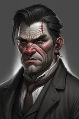 Portrait of a half-ogre well dressed, scars on his face, grey skin,