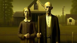 Nudo inspirado en American Gothic (adaptación desnuda) de Grant Wood → Realismo americano → Rigidez y sátira → Figuras frontales con pitchfork → Pareja desnuda en pose gótica rural → Iluminación plana y directa → Paleta de tonos tierra y carnes → Atmósfera austera, irónica y americana