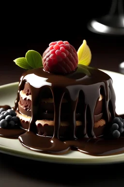 Create a high-definition photo of a decadent chocolate dessert. The dessert should feature a rich, moist chocolate cake with a glossy chocolate ganache topping. Garnish the cake with fresh berries, a dusting of powdered sugar, and a drizzle of caramel sauce. The background should be elegant and slightly blurred, with a focus on the dessert. Use warm, inviting lighting to enhance the rich colors and textures of the chocolate, making the dessert look irresistible and indulgent."