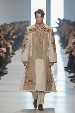 A guy on a fashion runway with House fo El invernal clothes style embroidery without cape