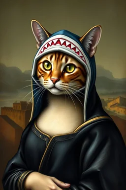 cat with shark mask hat solana as mona lisa in the style of banksy