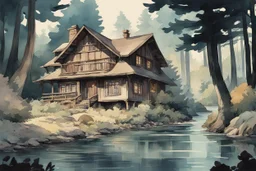 retro anime style, full color, dark serious 1980s anime style, A western cottage in the forest near a river, watercolor, forest,