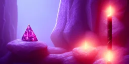 single pink crystal, on an altar in a foggy cave, cinematic,