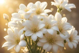 mazzo di fiori bianchi con gocce di rugiada su sfondo dorato luminoso e raggi di sole
