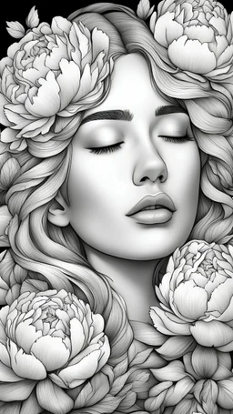 young woman, coloring page of a beautiful bouquet of peonies all around her face, her eyes are closed and dreaming peacefully, only her face shows, her face covered by the bouquet of peonies, with a black background, clear outline, no shadows, sketch colors, 4k, blond hair
