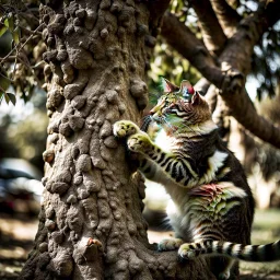 Photograph of a cat being a tree, asking a person who is eating a dog if there are people like him somewhere, by Minicavio Quollati