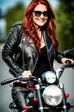 pretty mature woman, red long haired, nice smile, sunglasses, headphones, nice body, big bubs and nice legs, little leather jacket, skirt and boots rocker fashion