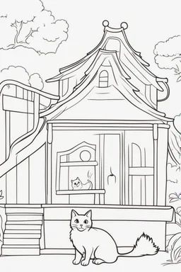 blank colouring book, white blank background, simple picture for toddlers, cat house with no cat inside, disney and pixar style